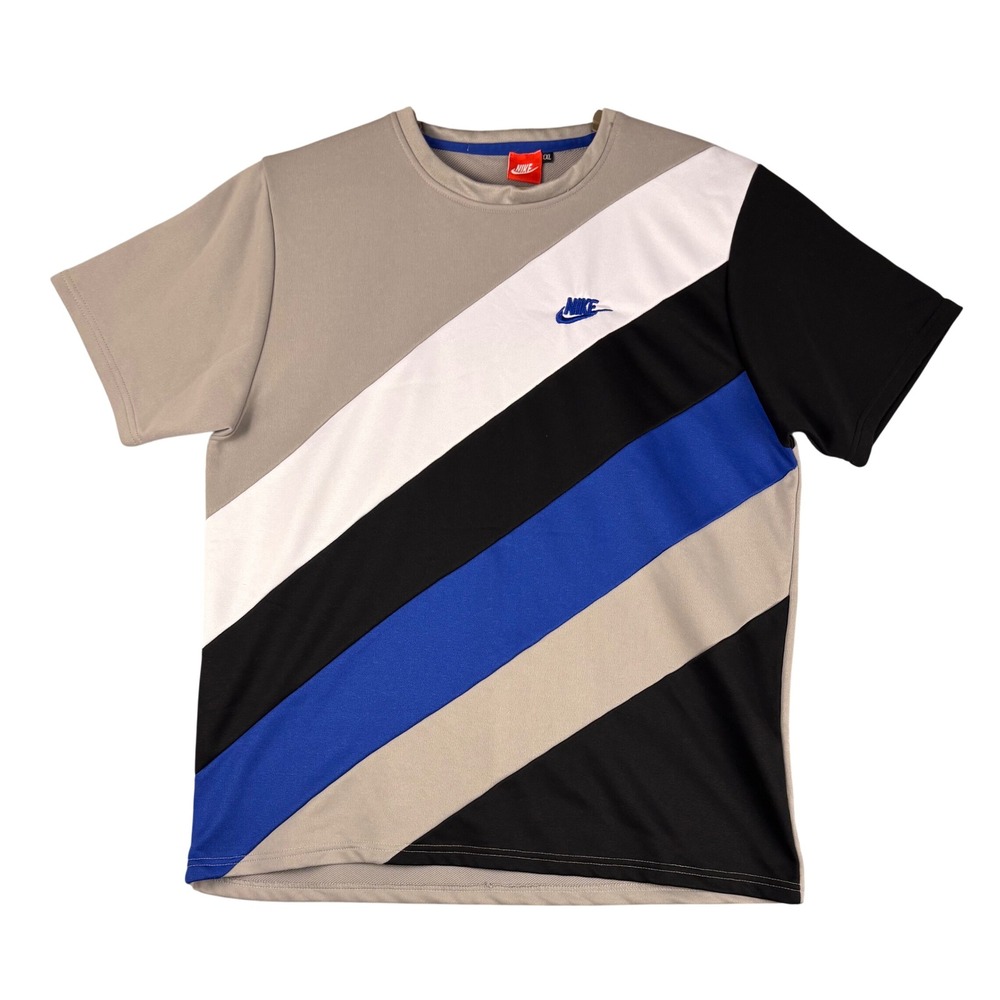 Nike‎ Mens XXL Colorblock T-Shirt Grey Blue Black White Diagonal Stripe Logo